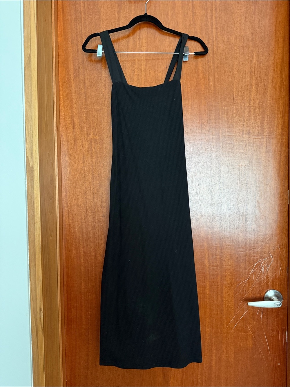 Classic Black Ribbed Midi Slip Dress with Square Neck